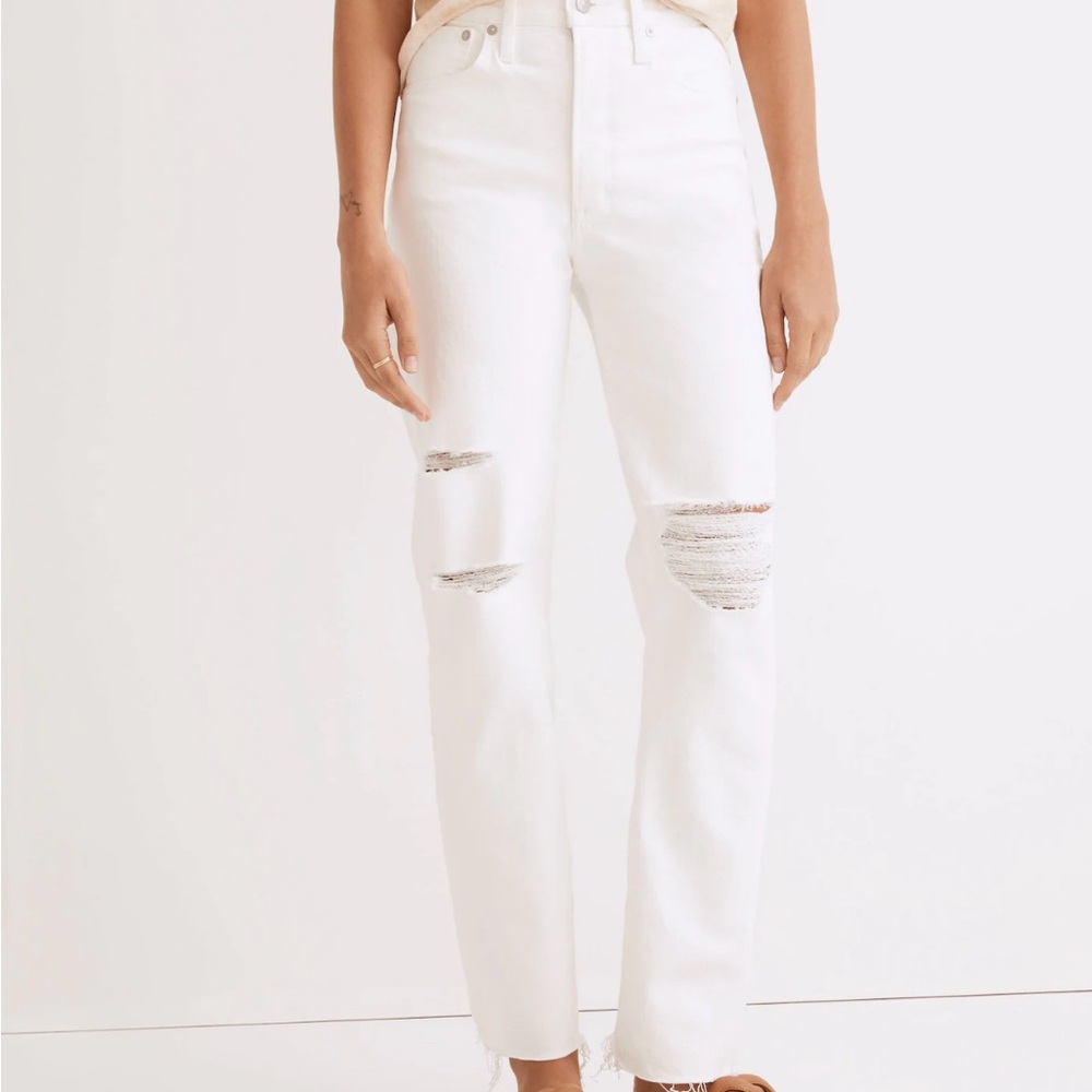 Madewell The Perfect Vintage Straight Jean in‎ White Ripped-Knee Edition